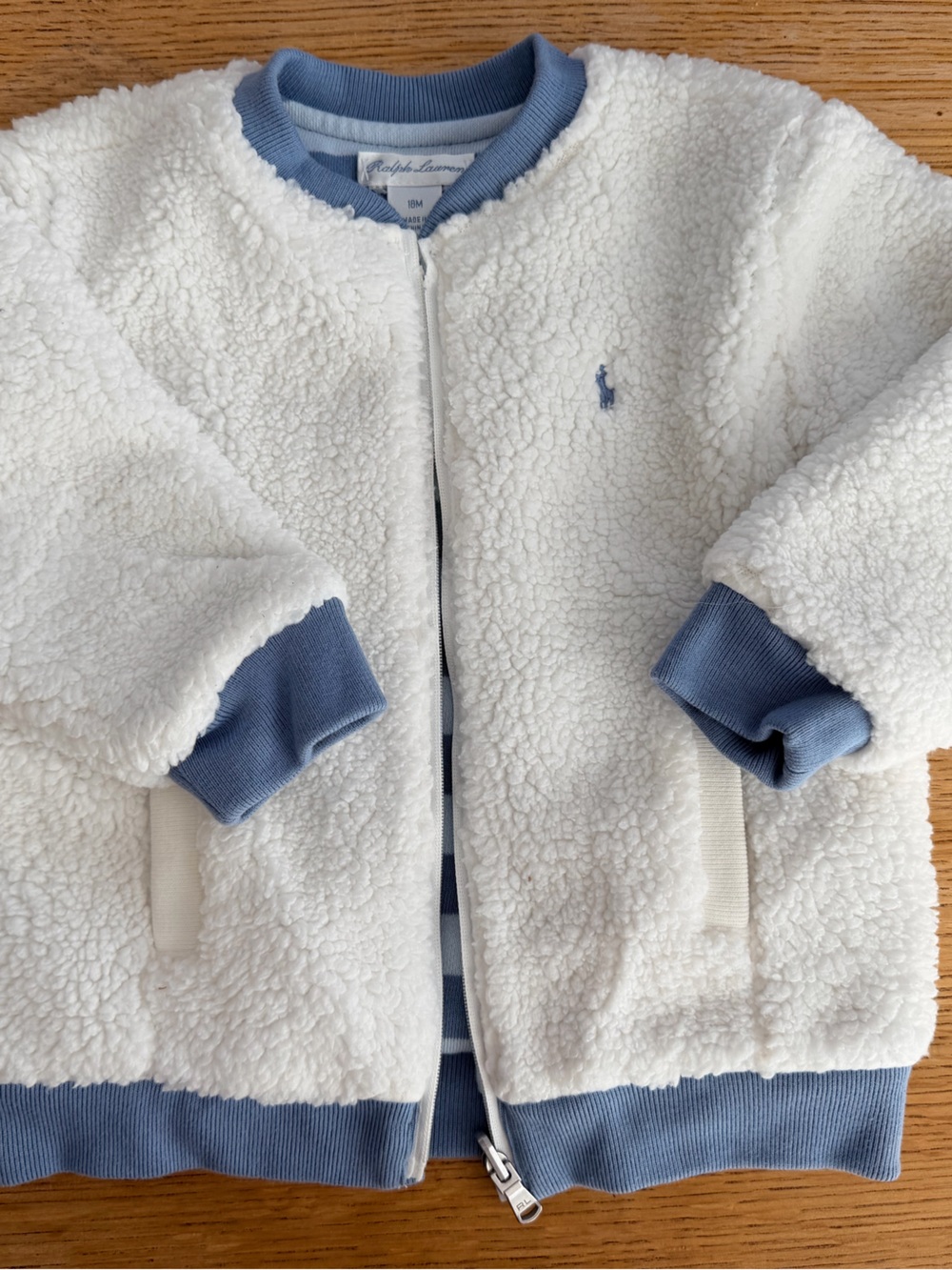 Ralph Lauren Kids REVERSIBLE White Sherpa Jacket with Blue Trim